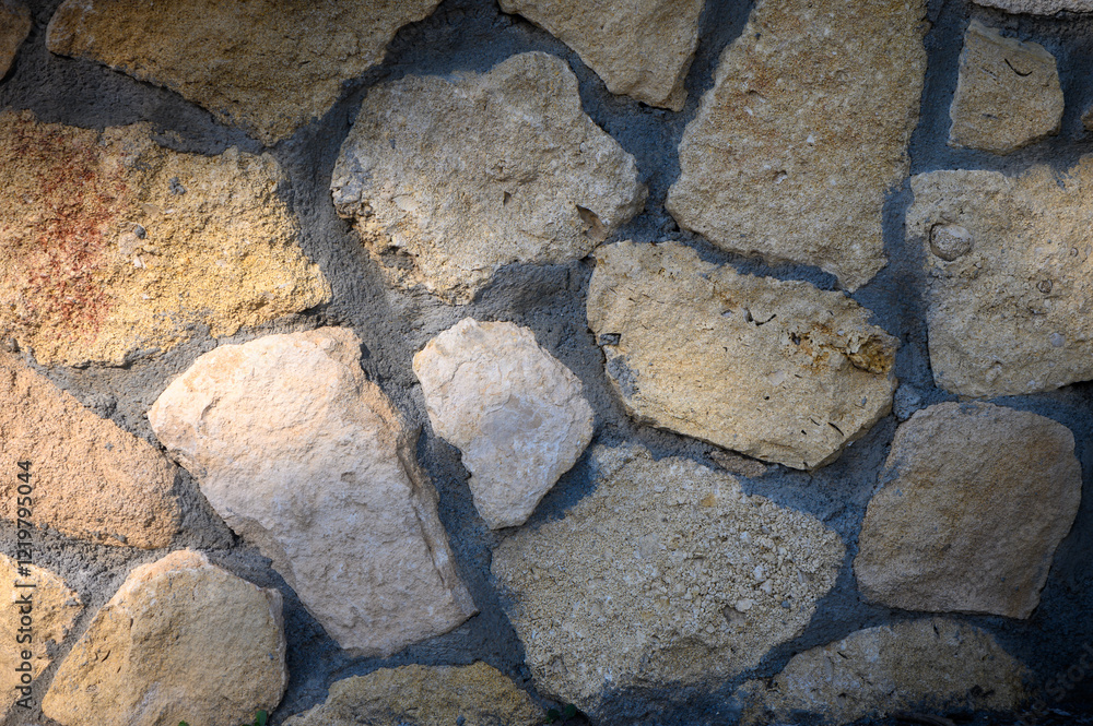 Obraz premium Varied textures and colors create a captivating stone wall in natural light near a rustic location