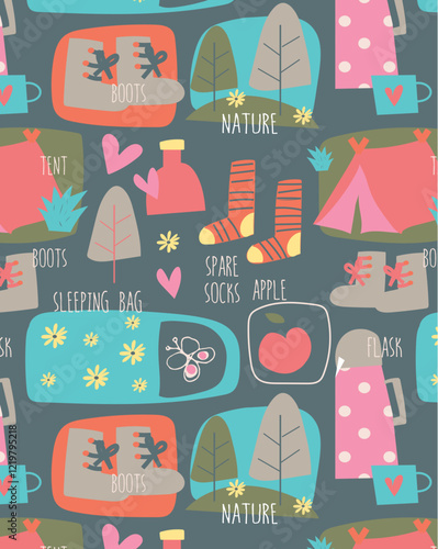 seamless pattern with Bright colorful camping gear pattern with tents, boots, hats, and accessories
