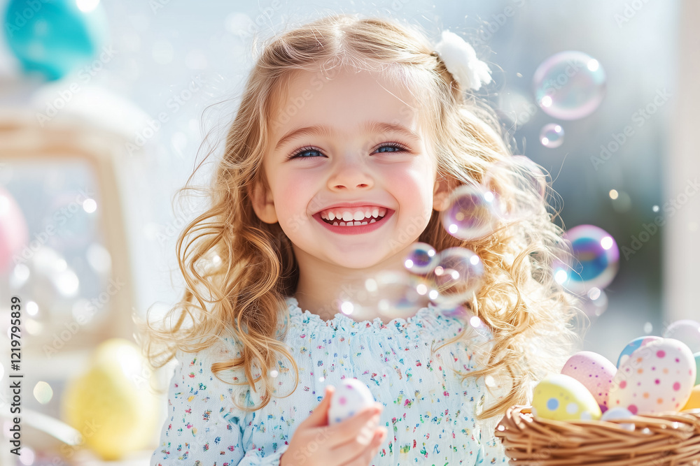 In a bright park, a young girl with curly hair joyfully laughs as she blows bubbles. An Easter egg basket filled with colorful eggs is nearby, adding to the festive atmosphere In a bright park, a young girl with curly hair joyfully laughs as she blows bubbles. An Easter egg basket filled with colorful eggs is nearby, adding to the festive atmosphere
