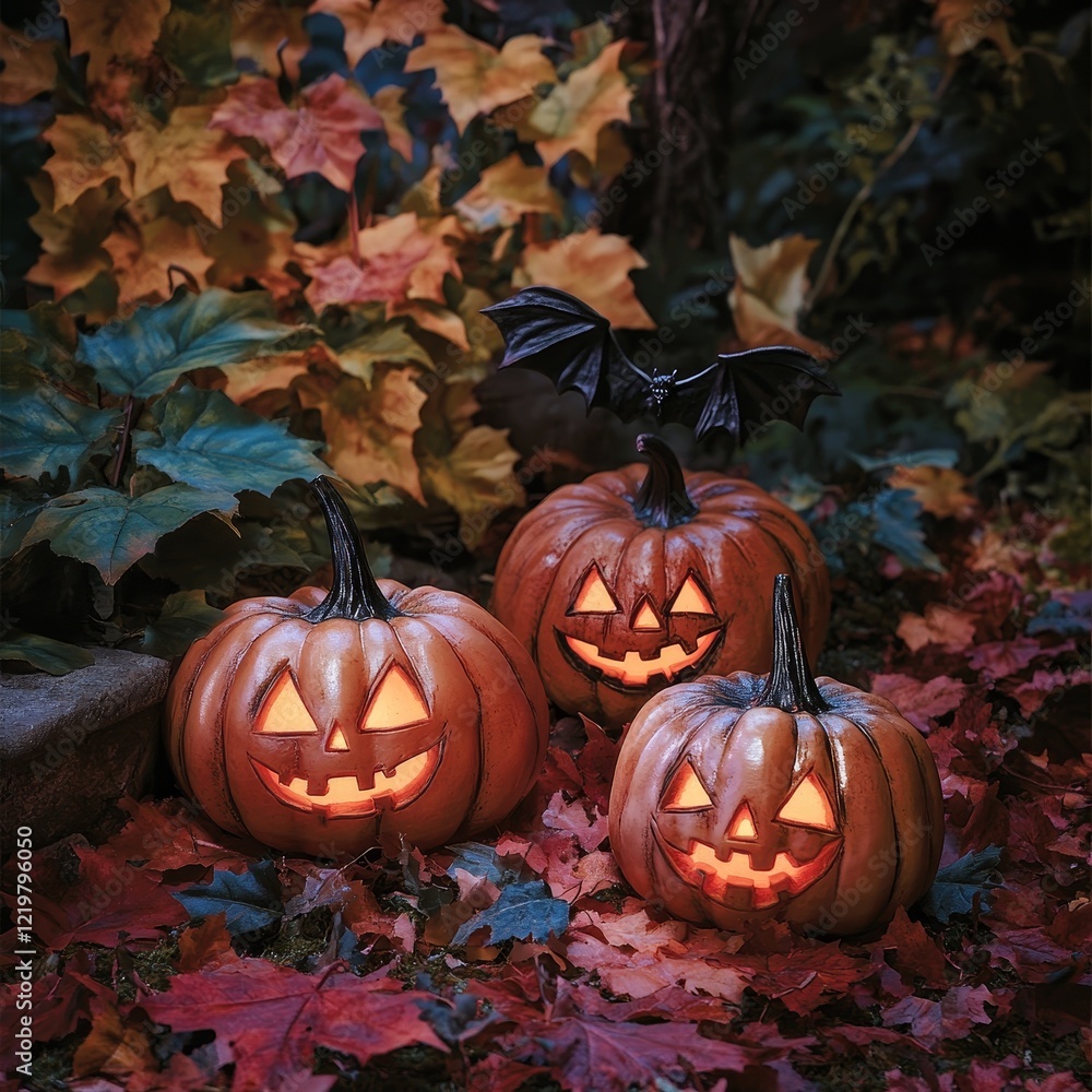 Three carved jack-o'-lanterns with beaming smiles are nestled among vibrant autumn leaves, creating an enchanting and whimsical outdoor fall atmosphere at dusk. Three carved jack-o'-lanterns with beaming smiles are nestled among vibrant autumn leaves, creating an enchanting and whimsical outdoor fall atmosphere at dusk.