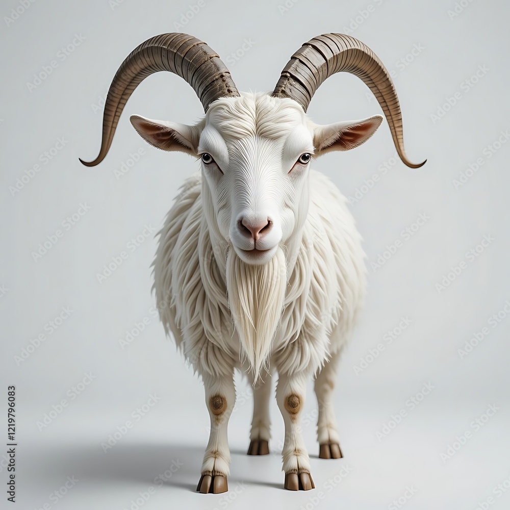 Fototapeta premium Majestic White Goat Portrait: A Stunning 3D Render of a Goat with Large Horns