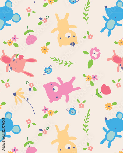 Seamless Pattern of Colorful Cartoon Animals in Fun Hand-Drawn Style for Kids T-Shirt Background
