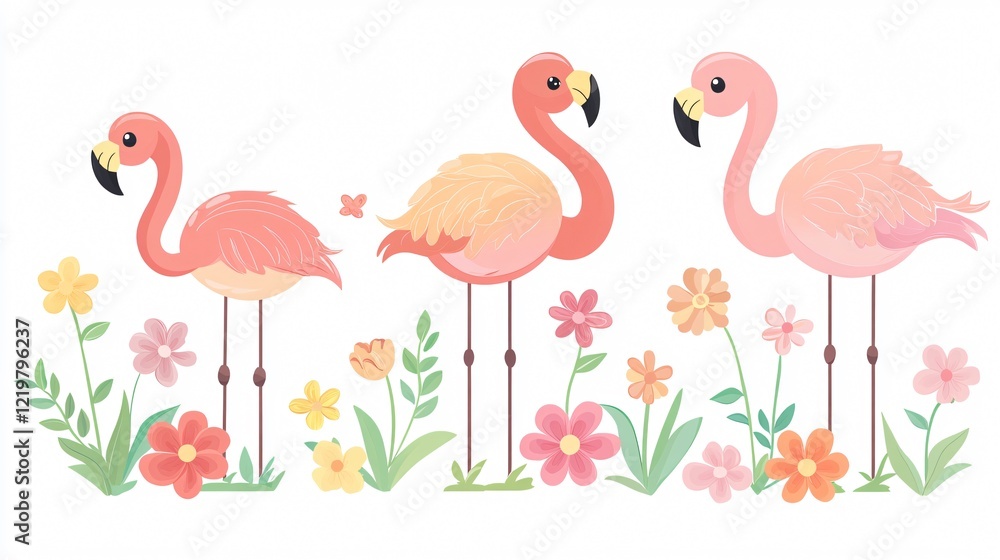 Naklejka premium Vibrant Flamingo Background with Beautiful Flowers and Plants