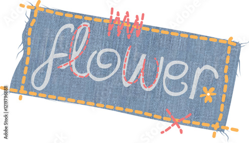 Flower Typography on Stitched Denim Patch in Vintage Handwritten Style for Decorative T-Shirt Design
