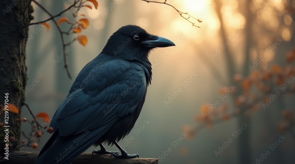 Crow perched on a branch, close-up, dramatic silhouette Crow perched on a branch, close-up, dramatic silhouette
