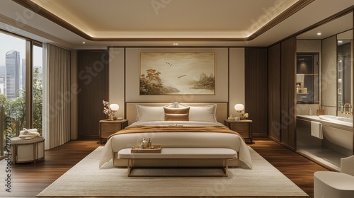 Luxurious hotel bedroom suite, city view photo