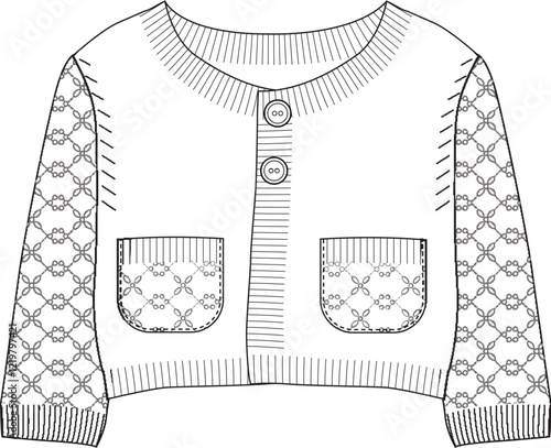 Girl's knitted sweater with patterned sleeves and embroidered pockets flat sketch
