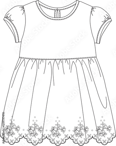 Flat sketch of girl's flared dress with short sleeves and round collar
