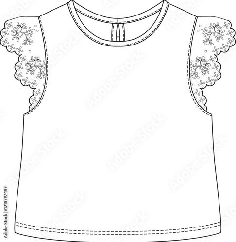 Technical flat sketch of girl's dress with embroidered chest and lace hem
