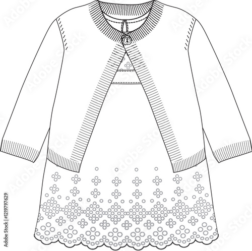Technical flat sketch of girl's dress with bolero and embroidered hem
