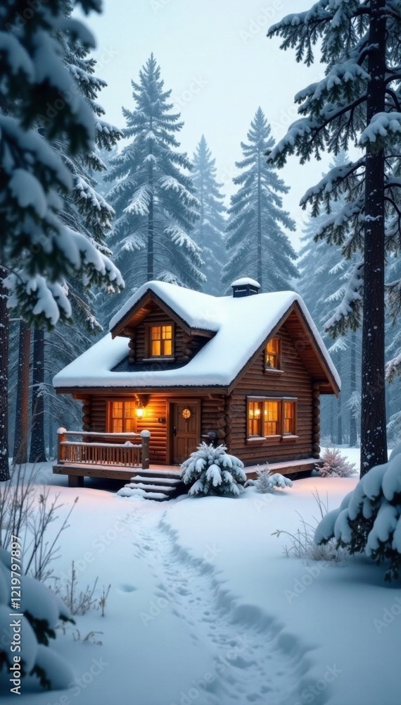 Naklejka premium Cozy snow covered wooden cabin nestled in pine trees, forest atmosphere, warm and cozy, rustic charm