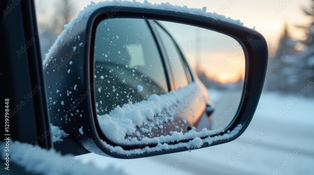 Snow-covered rearview mirror, close-up, winter morning Snow-covered rearview mirror, close-up, winter morning