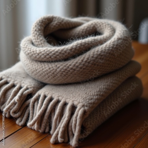 A thick wool scarf neatly folded on a wooden table, showcasing soft texture and warmth, ideal as a winter accessory in cold-weather conditions