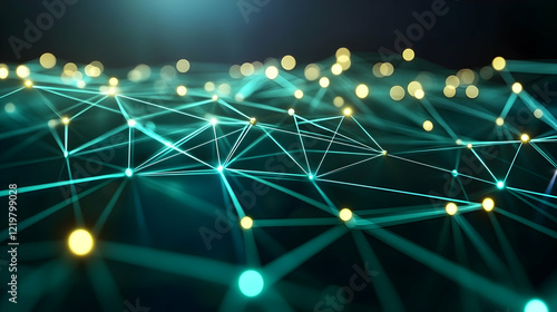 Abstract network connection, glowing nodes, dark background, digital technology concept