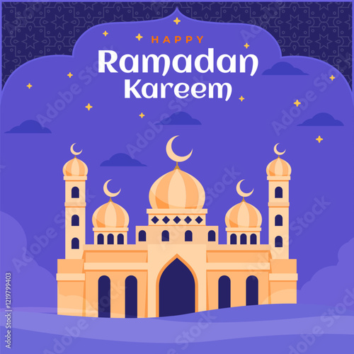 Social Media Post Design Template Ramadan Kareem with Mosque. Flat Design Hand Drawn Background Illustration in Vibrant Purple Color.