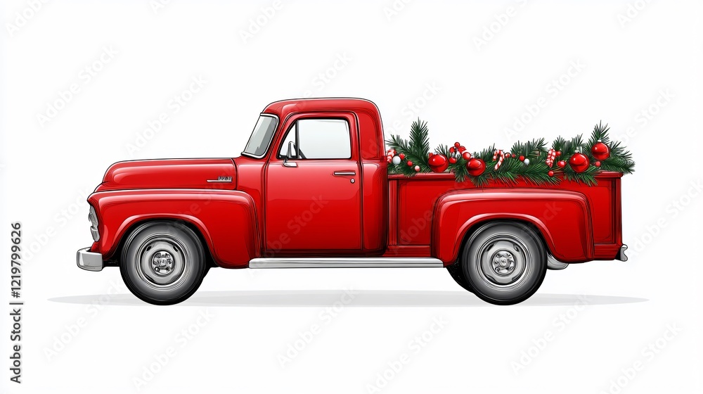 Festive Red Pickup Truck Illustration for Christmas Decoration Festive Red Pickup Truck Illustration for Christmas Decoration