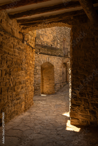 Montfalco murallat walled medieval village the Lerida province, Cataluña, Spain, in a sunny day. photo