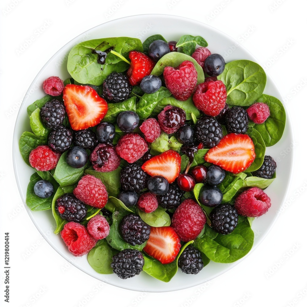 Obraz premium A refreshing mixed berry salad with spinach and balsamic glaze, isolated white background, abstract art style