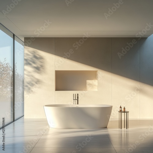 A minimalist modern bathroom featuring a sleek freestanding white tub, surrounded by clean lines and bathed in natural light filtering through a large glass window.