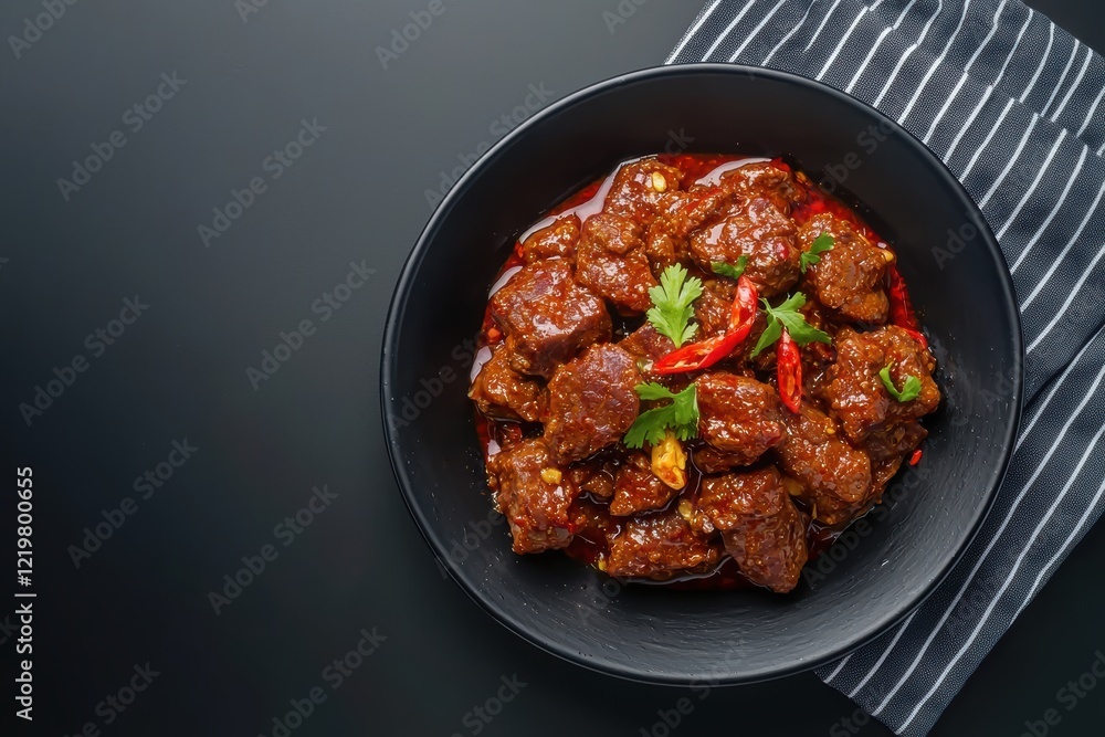 Indonesian traditional beef rendang on dark background. Indonesian spicy beef stew Indonesian traditional beef rendang on dark background. Indonesian spicy beef stew