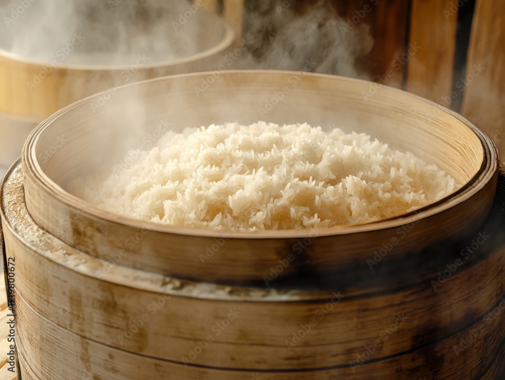 Rice being steamed in a bamboo steamer. Featuring rice being steamed in a bamboo steamer. Highlighting traditional cooking methods and Asian cuisine. Ideal for food and cultural visuals. Rice being steamed in a bamboo steamer. Featuring rice being steamed in a bamboo steamer. Highlighting traditional cooking methods and Asian cuisine. Ideal for food and cultural visuals.
