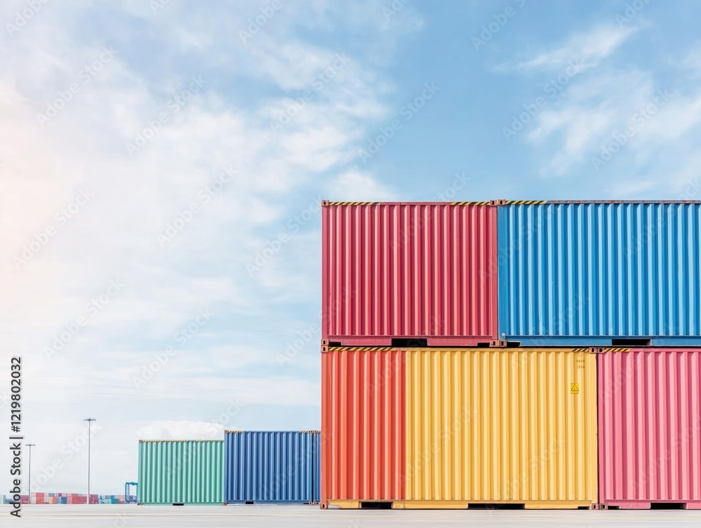 Obraz premium Colorful shipping containers stacked at busy dock. International cargo transport logistics central to photo. Shipping goods worldwide key focus. Vivid colors of containers stand out against clear