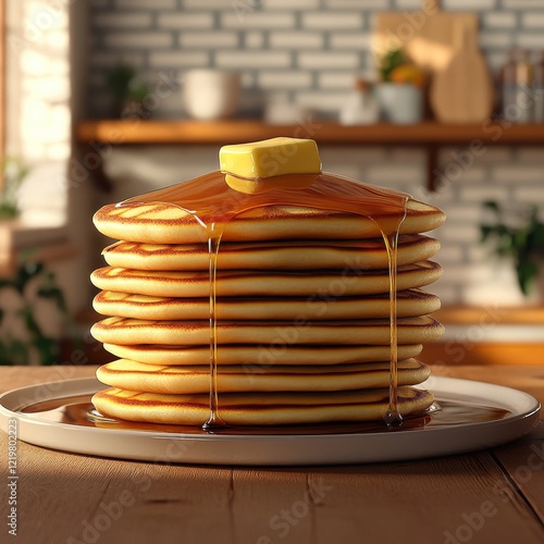A mouthwatering stack of pancakes topped with butter, drenched in syrup, served in a cozy kitchen setting, perfect for breakfast enthusiasts.
