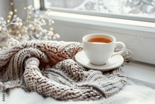 Wallpaper Mural Cozy tea by frosted window with knit scarf. Neural network AI generated Torontodigital.ca