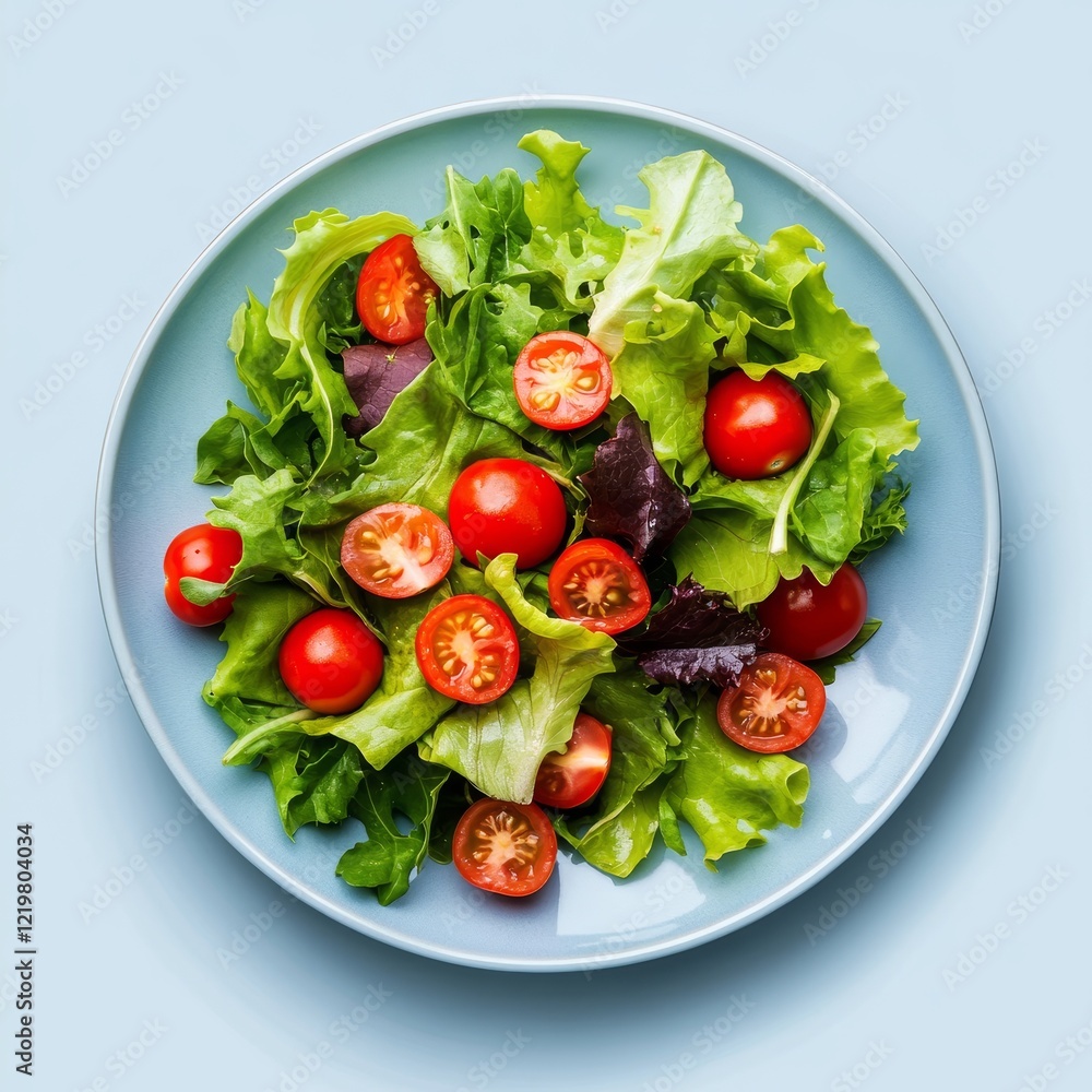A colorful plate of mixed leafy greens and cherry tomatoes on a light blue background, embodying simplicity and freshness in culinary presentation and indulgence. A colorful plate of mixed leafy greens and cherry tomatoes on a light blue background, embodying simplicity and freshness in culinary presentation and indulgence.