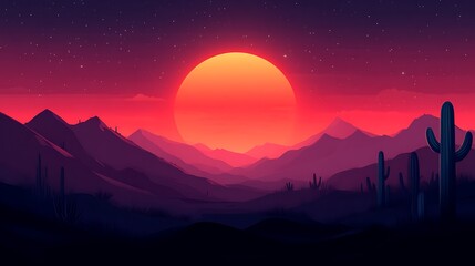 Leinwandbilder Purpur Desert Sunset Landscape Vibrant Red Sky Mountains Cacti  © tukang