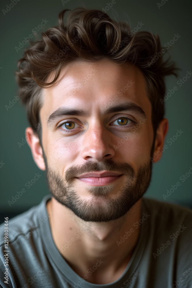 A young man with curly hair and a beard smiles gently while sitting in a cozy space, creating a friendly atmosphere with natural light - Generative AI A young man with curly hair and a beard smiles gently while sitting in a cozy space, creating a friendly atmosphere with natural light - Generative AI