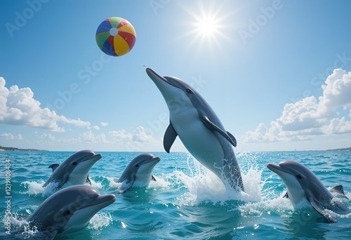 Four dolphins playfully jump in the ocean, one catching a colorful beach ball in a sunny sky. photo