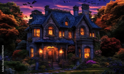 Enchanted Victorian House Autumn Sunset Halloween Scene photo