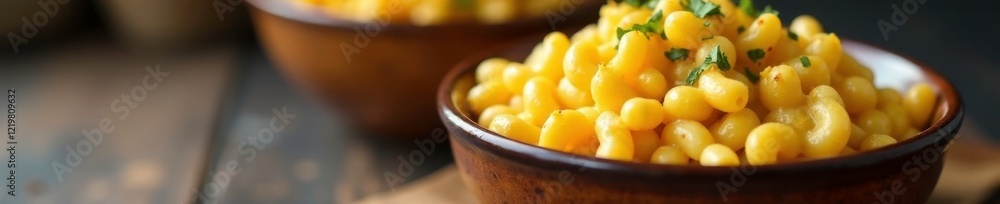 Macaroni and cheese served in a rustic ceramic bowl, ceramic, bowl, comforting Macaroni and cheese served in a rustic ceramic bowl, ceramic, bowl, comforting