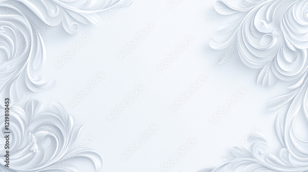 Elegant white floral swirls on a light background, creating a sophisticated and decorative frame. Elegant white floral swirls on a light background, creating a sophisticated and decorative frame.