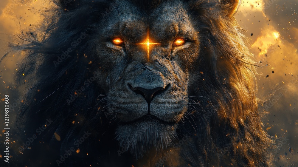 Naklejka premium Majestic Lion Face with Glowing Eyes and Cross Against Stormy Sky, Illustrating Faith in Jesus and Biblical Power