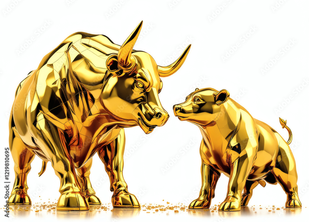Obraz premium Gold bull and bear statues isolated on white, symbolizing stock market trends, financial growth, and decline. Perfect for investment concepts.