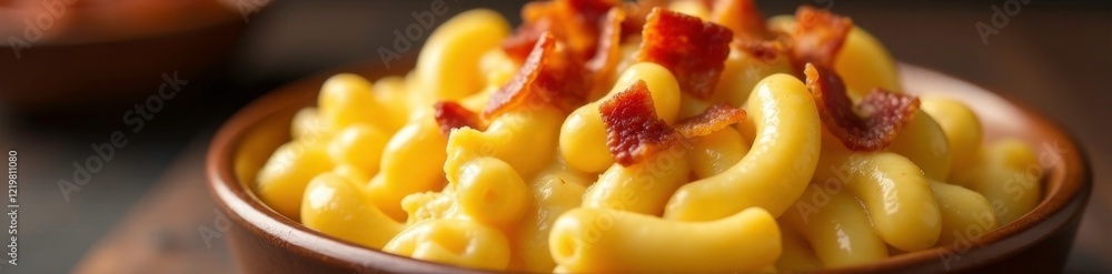 Macaroni and cheese topped with crispy bacon bits, savory, appetizing, golden Macaroni and cheese topped with crispy bacon bits, savory, appetizing, golden
