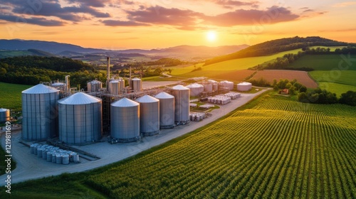 Aerial view of silos at sunset amidst lush green fields and rolling hills, showcasing agricultural industry