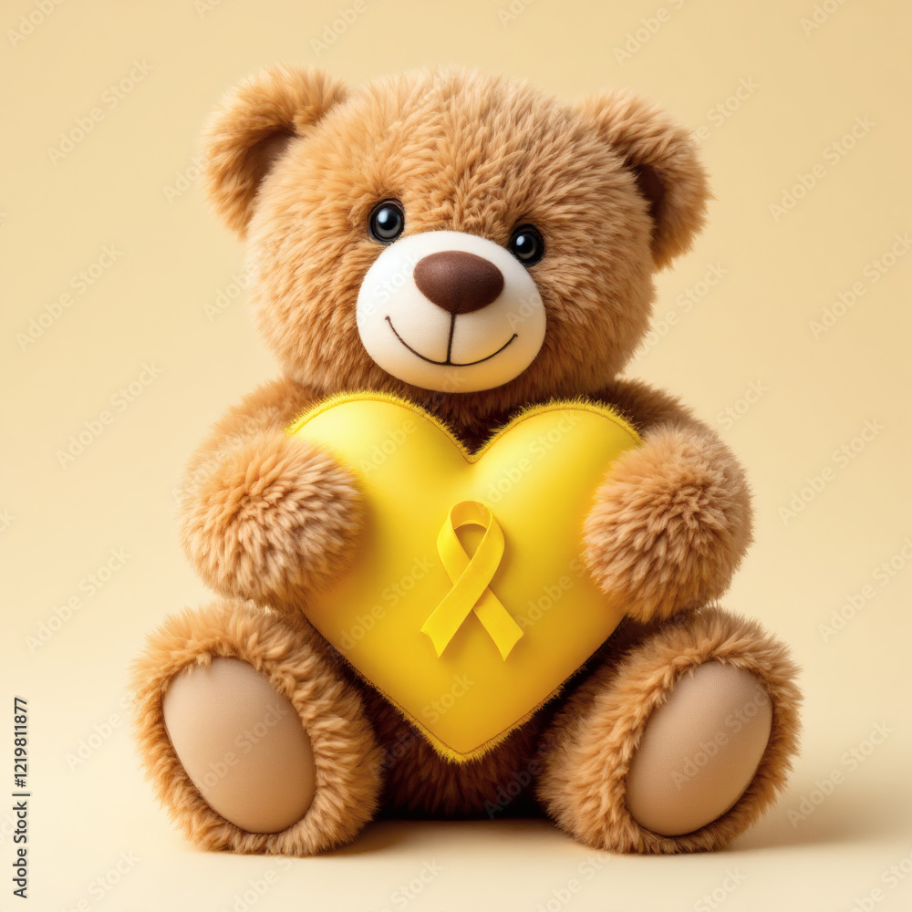 Fototapeta premium Close-up of a teddy bear holding a heart with a yellow ribbon, symbolizing childhood cancer awareness on a beige background.