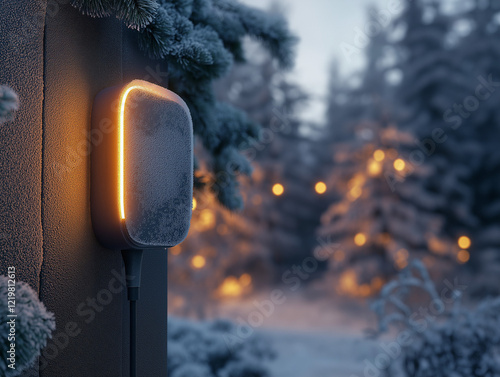 Sanft leuchtende Außenlampe in winterlicher Landschaft bei Dämmerung

 photo