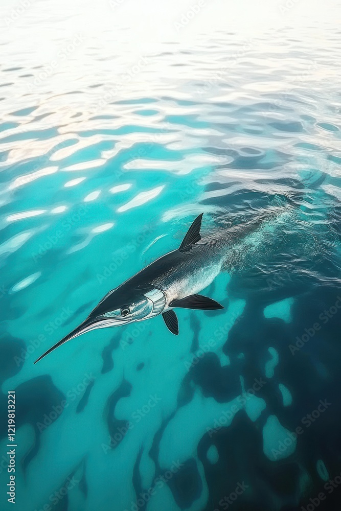 Fototapeta premium Sleek fish swims in turquoise water.