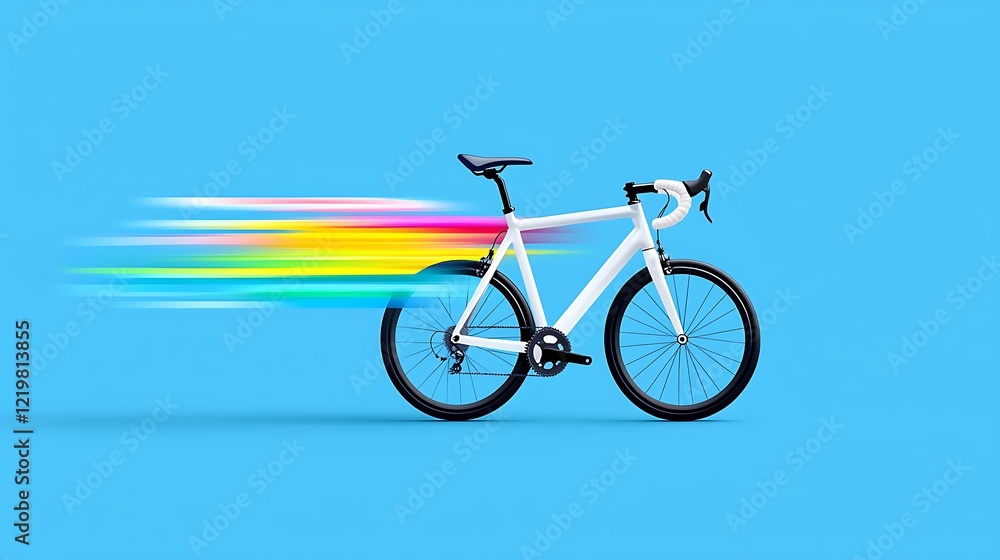 Fototapeta premium Fast White Road Bike with Rainbow Motion Blur on Blue Background