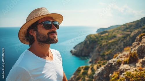 A man in sunglasses and a sun hat standing on a mountain top, overlooking a scenic landscape on a sunny day. photo