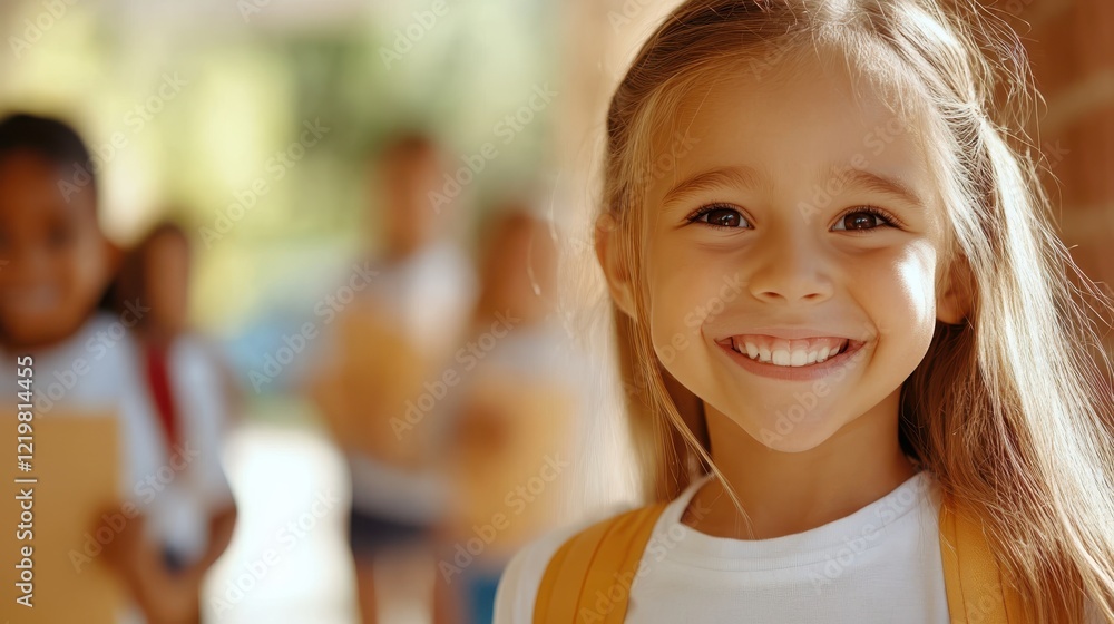 Joyful school children entering the classroom with beaming smiles Joyful school children entering the classroom with beaming smiles