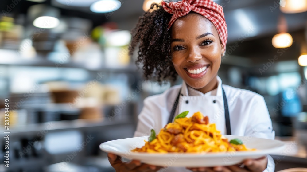 Joyful cook serving delicious pasta in vibrant restaurant kitchen Joyful cook serving delicious pasta in vibrant restaurant kitchen