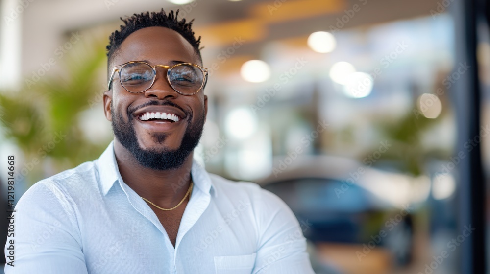 Obraz premium Joyful man celebrates new car purchase in vibrant showroom atmosphere
