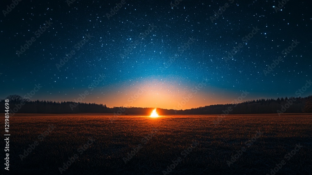 A panoramic view of a starry sky with a distant bonfire on the horizon, surrounded by dark trees and open fields. The contrast between dark landscape warm firelight creates captivating atmosphere. A panoramic view of a starry sky with a distant bonfire on the horizon, surrounded by dark trees and open fields. The contrast between dark landscape warm firelight creates captivating atmosphere.