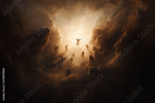 resurection silhouettes in sun rays through the clouds