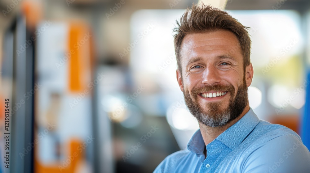 Obraz premium Joyful car salesman showcases excellence in a vibrant showroom environment